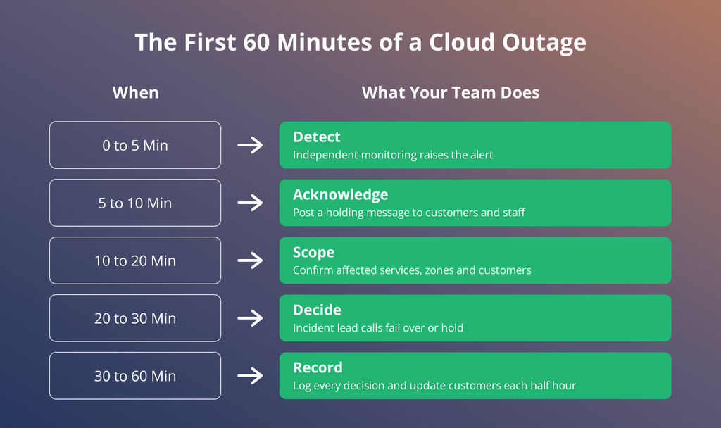 The first 60 minutes of a cloud outage: detect, acknowledge, scope, decide, record